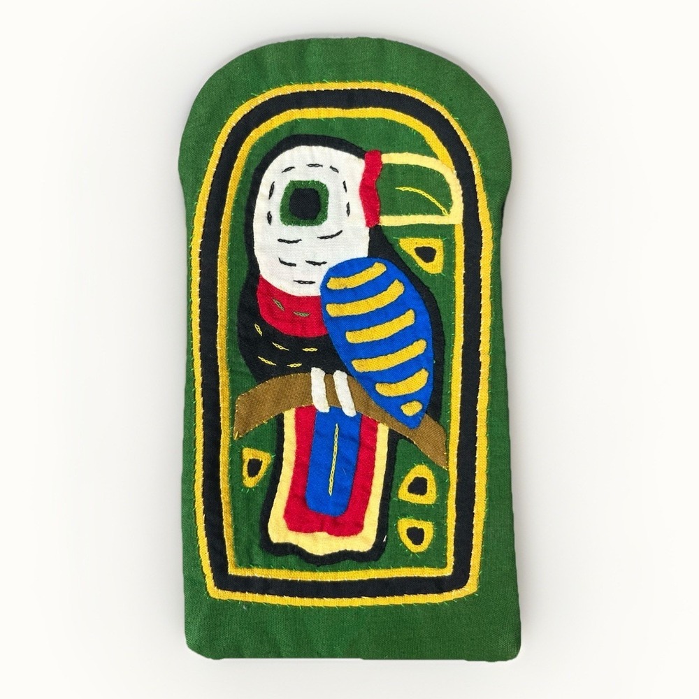Vintage Kuna Mola Textile Pouch Toucan Bird Panama Folk Art Sun Glasses Pocket